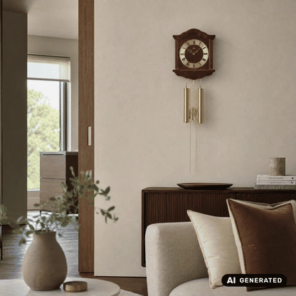 AMS Heimuhr-Wanduhr an der Wand: Holzgehäuse, Messing-Zinkel und Ziffernblatt mit römischen Zahlen