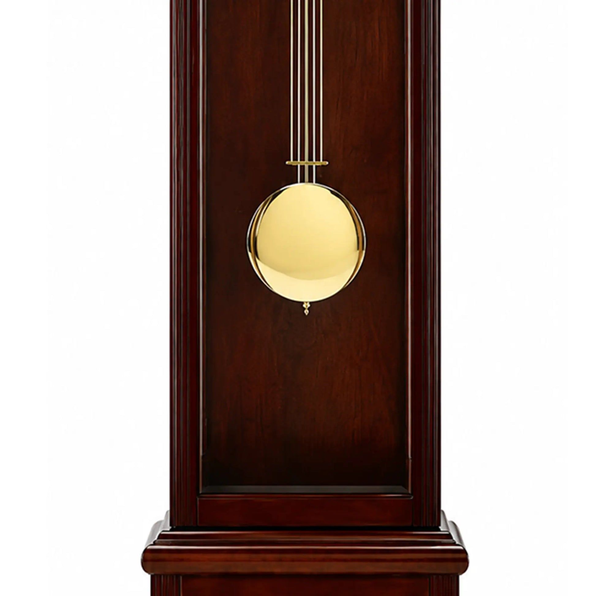Frente de reloj de pie con caja de madera oscura y pomo de péndulo redondo dorado