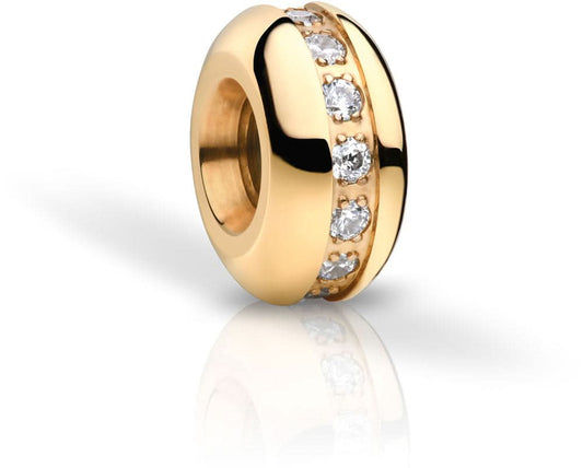 Charm de acero inoxidable, anillo dorado con incrustación negra y piedras transparentes