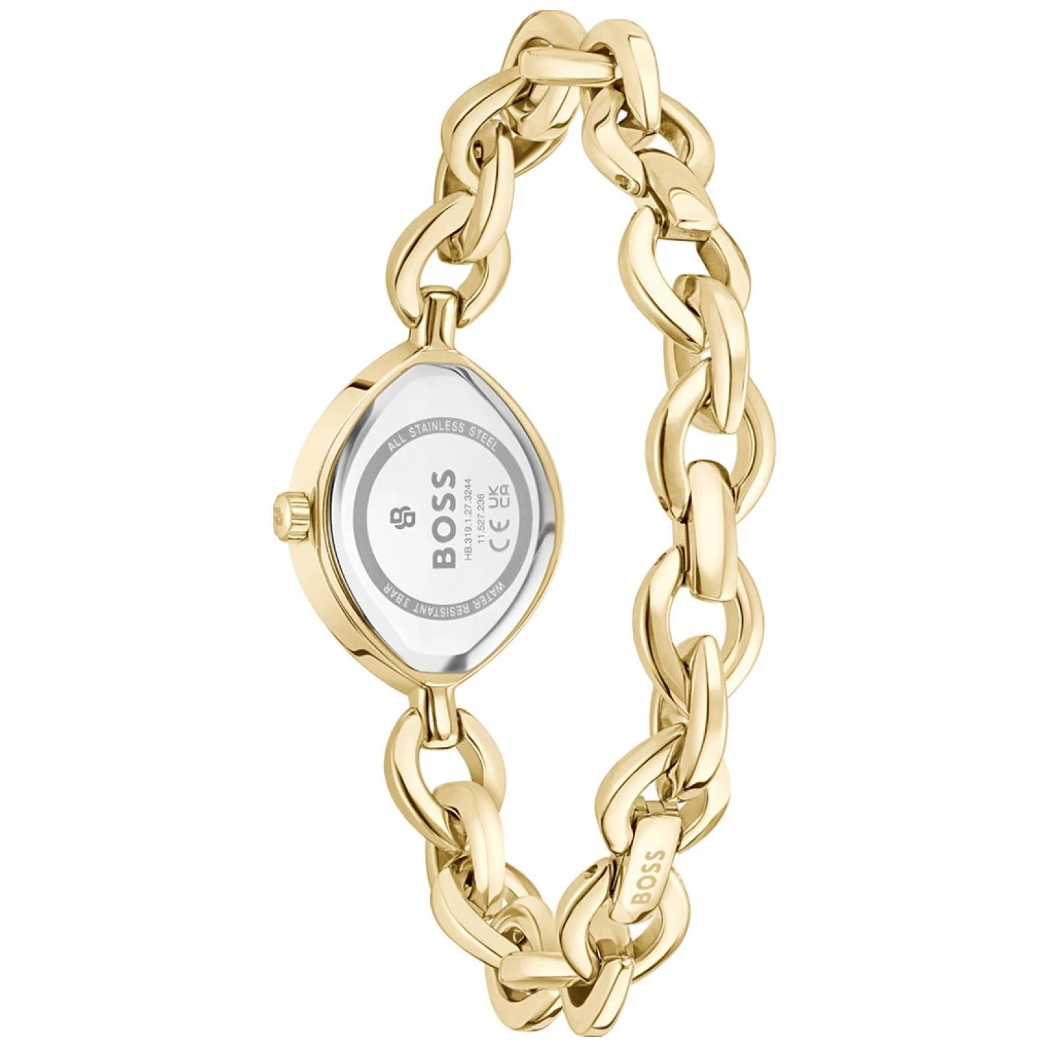 BOSS Armbanduhr, goldfarbenes Gliederband, Gehäuseboden mit Logo und Beschriftung