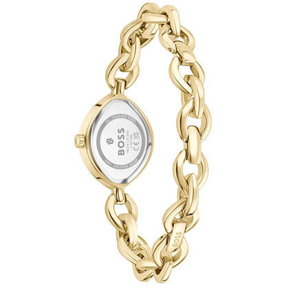 BOSS Armbanduhr, goldfarbenes Gliederband, Gehäuseboden mit Logo und Beschriftung