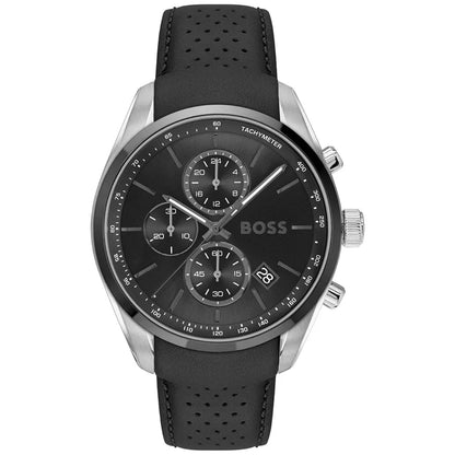 BOSS Herren-Armbanduhr: schwarzes Chronograph-Zifferblatt mit Tachymeter, Lederband