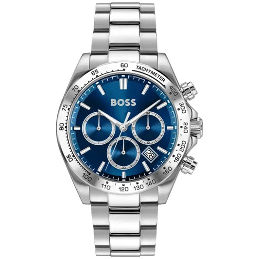 Herren-Chronograph BOSS Hero 2.0, silberner Edelstahlarmband, blaues Zifferblatt