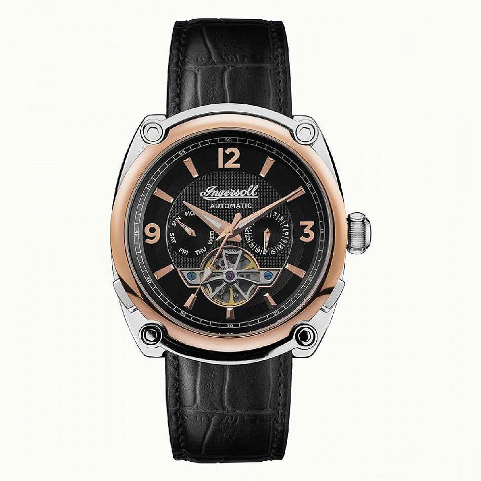 Reloj de hombre con esfera negra y correa de cuero negra, diseño esqueleto