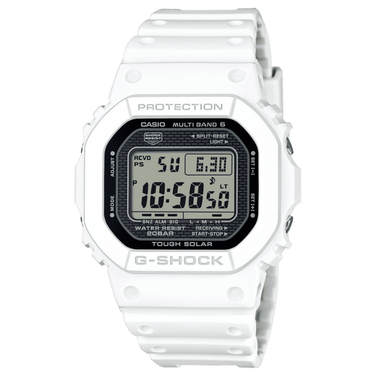Herrenarmbanduhr Casio G-SHOCK mit weißem Kunststoffarmband und rundem Digitaldisplay
