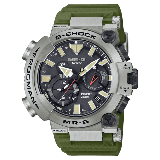 Titan-Taucheruhr mit grünem Kautschukband und schwarzem Zifferblatt, Lünette aus Metall