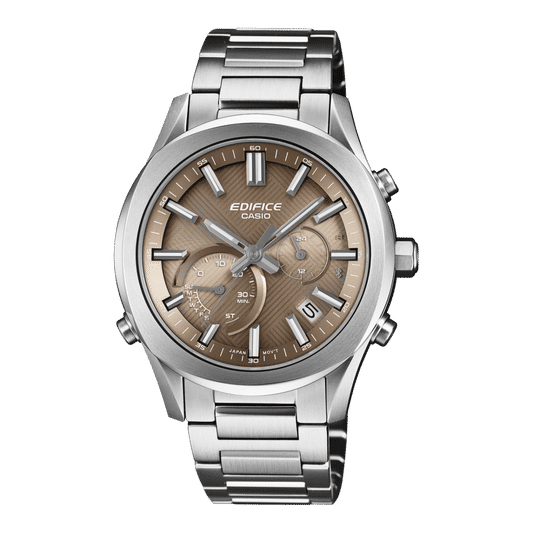 Herrenarmbanduhr mit silbernem Metallband und braunem Zifferblatt, Chrono-Layout