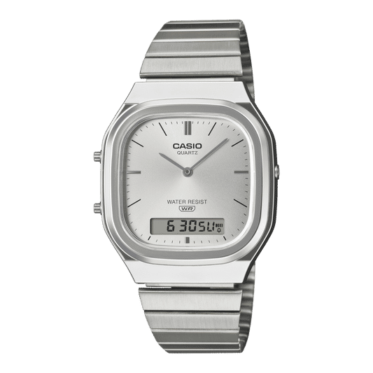 Casio-Armbanduhr mit silbernem Metallband, Analoganzeige und Digitaldisplay