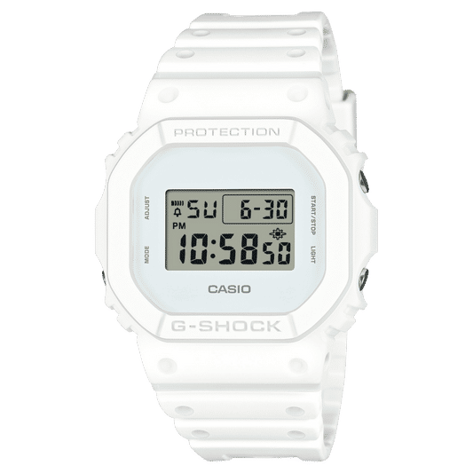 Weiße Casio G-SHOCK Digitaluhr mit rundem Schutzgehäuse und Armband