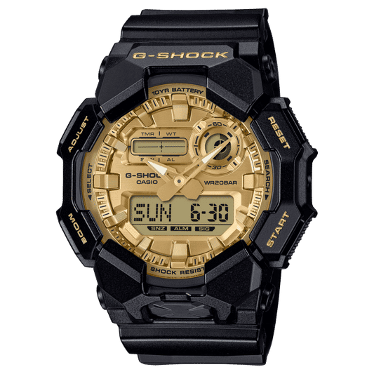 G-Shock Herrenuhr mit Ana-Digi-Anzeige, schwarzem Gehäuse und goldfarbener Lünette
