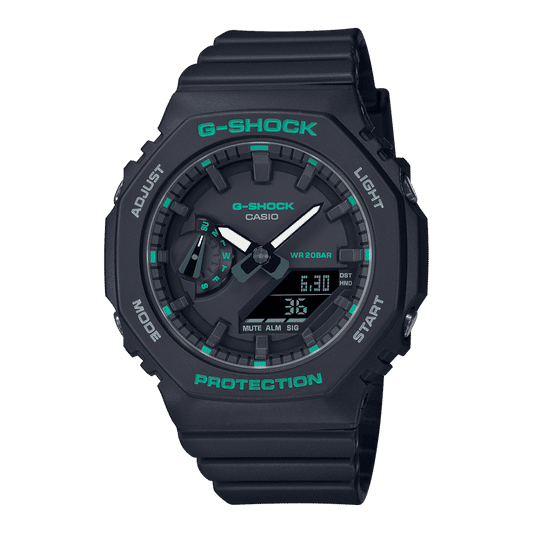 Casio G-Shock Armbanduhr mit schwarzem Zifferblatt und grünen Akzenten, schwarzes Resinarmband.