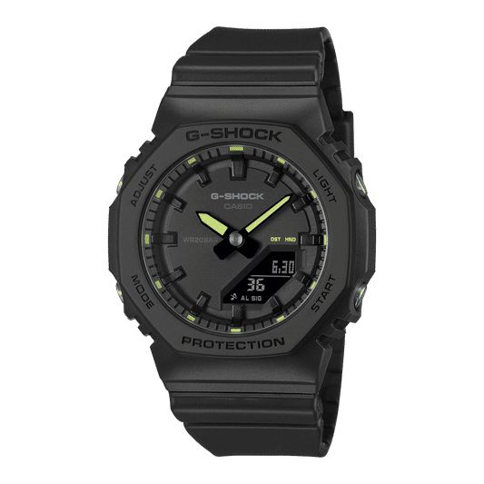G-Shock-Armbanduhr für Damen, schwarzes Harzband, analoges Zifferblatt mit neonfarbenen Akzenten