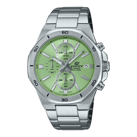 Casio Edifice Herrenarmbanduhr mit grünem Zifferblatt, Edelstahlband und Stoppuhr-Layout