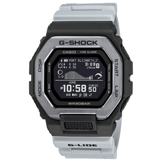 Casio G-Shock Herrenarmbanduhr mit grauem Kautschukband und rundem Displaygehäuse.
