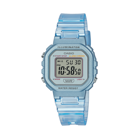 Helleblaue Casio Damen-Armbanduhr mit Digitalanzeige, LED-Illuminator und Stoppuhr