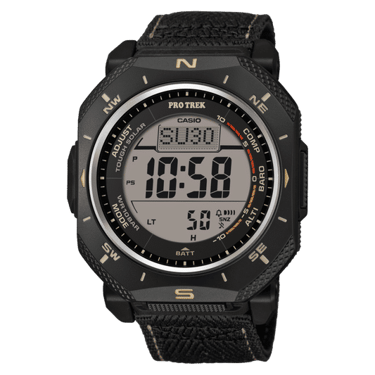 Casio PROTREK Armbanduhr mit schwarzem Digitaldisplay und schwarzem Textilarmband