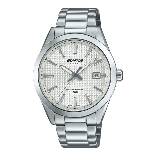 Casio Edifice Herrenarmbanduhr mit silbernem Metallband, hellem Zifferblatt, Datumsanzeige