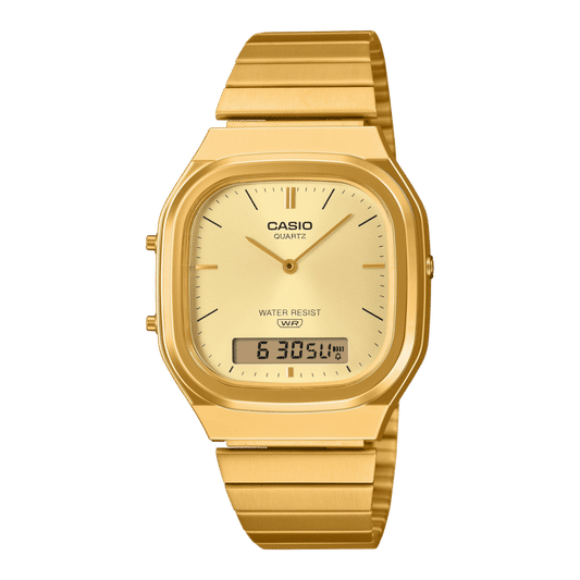 Goldene Casio Vintage Armbanduhr mit analogem Zifferblatt und Digitalanzeige