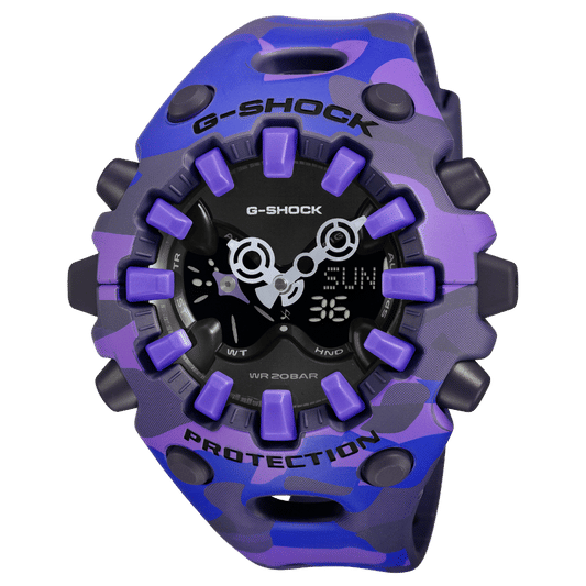 Casio G-Shock GA-V01 Armbanduhr mit violettem Camouflage-Band und schwarzem Schutzring