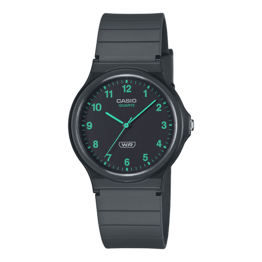 Armbanduhr mit dunkelgrauem Silikonarmband und grünem Zifferblatt, Minutenskala