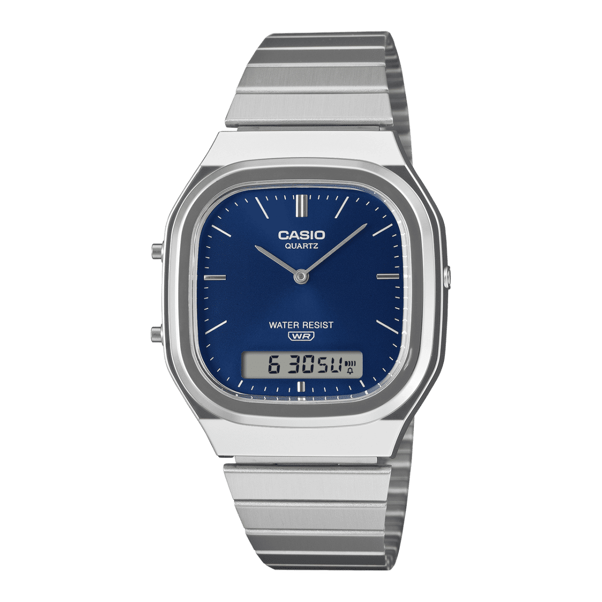 Casio AQ-240 Armbanduhr mit blauem Zifferblatt und silbernem Metallarmband, analog-digital