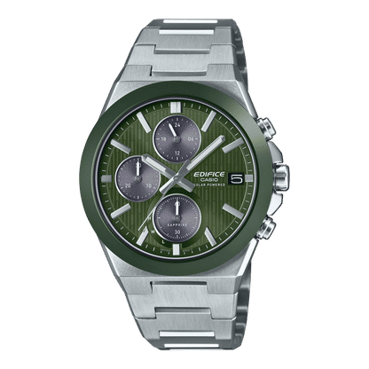 Casio Edifice Herrenuhr: grünes Zifferblatt, Chronograph, silbernes Edelstahlband