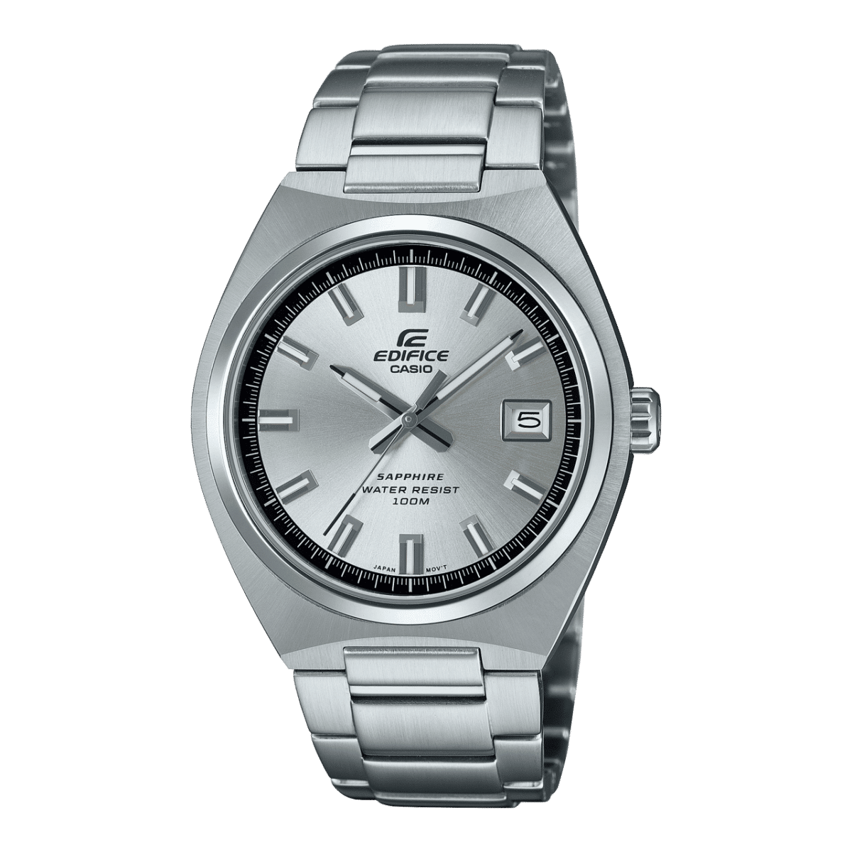 Silberne Herrenarmbanduhr mit rundem Zifferblatt und Metallarmband, Saphirglas