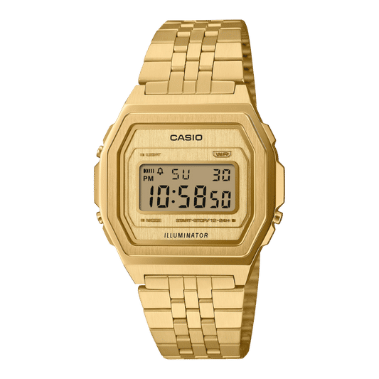 Goldfarbene Vintage-Digitaluhr mit Edelstahlgehäuse und Metallarmband, LCD-Display.