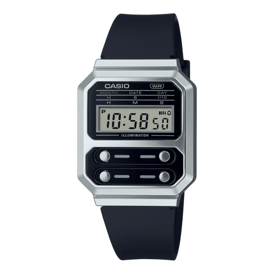 Casio Unisex-Digitaluhr mit silbernem Gehäuse, dunklem Armband und beleuchtetem Display