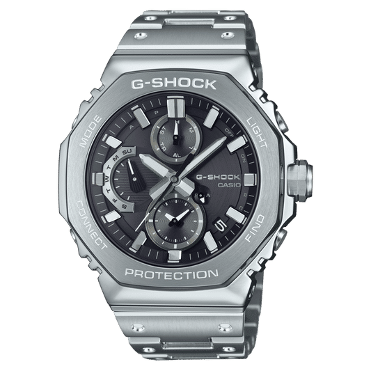 Casio G-SHOCK Herrenuhr mit Vollmetallgehäuse, silberfarbenem Armband und schwarzem Zifferblatt