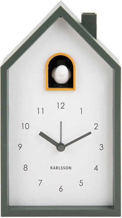Reloj de cuco con forma de casa de plástico, esfera clara, ventana de visualización naranja, manecillas