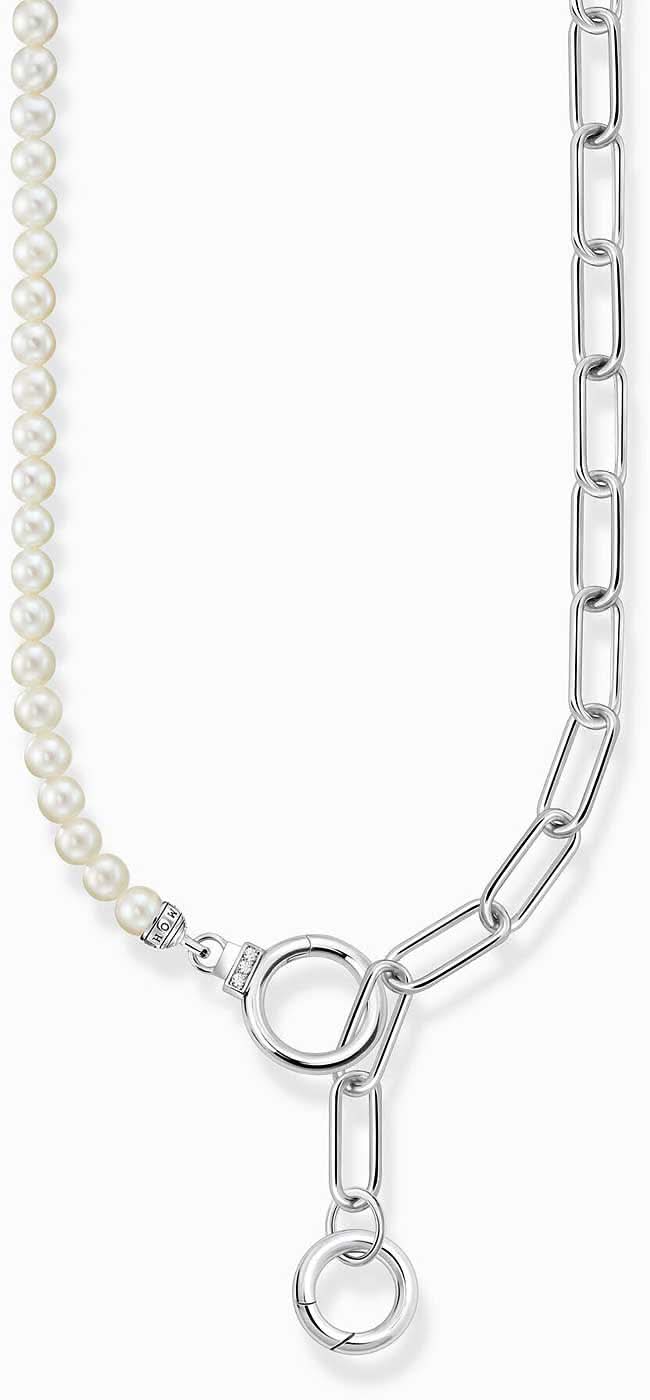 Collar plateado con eslabones, borde de perlas y doble cierre