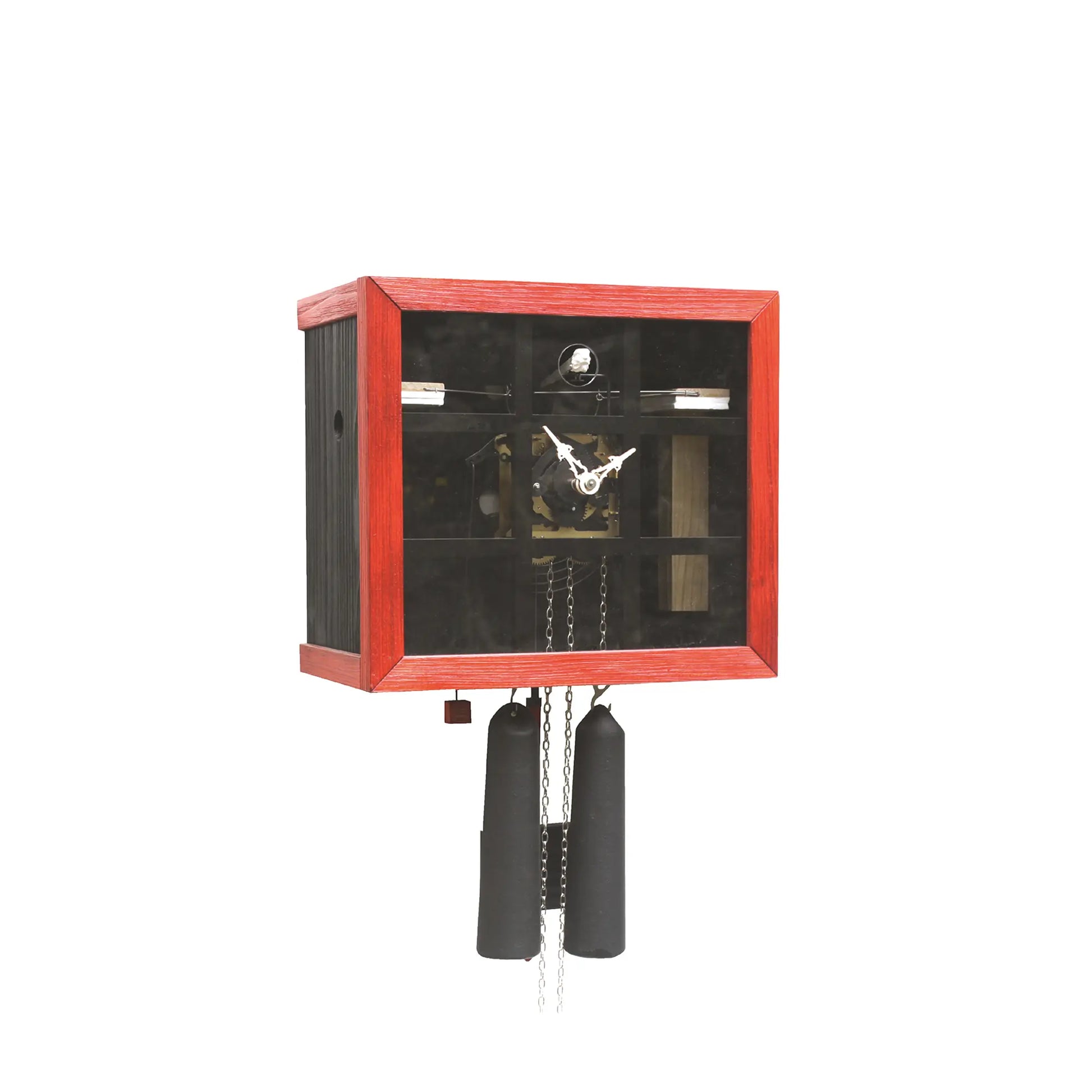 Wanduhr mit Sichtmechanik, roter Rahmen, schwarzes Glas, Kettenpendel und Gewichte