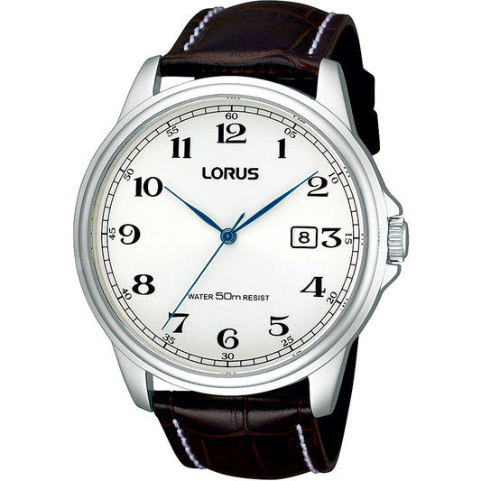 Lorus Herrenarmbanduhr mit silbernem Gehäuse, weißem Zifferblatt und braunem Lederarmband