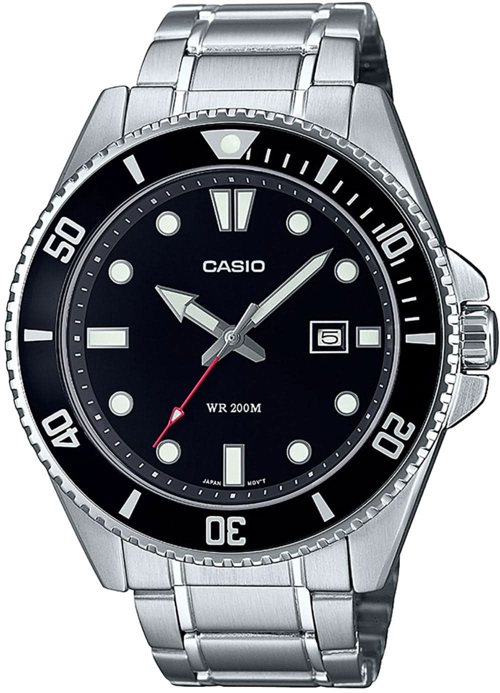 Reloj de pulsera para hombre Casio con esfera negra, correa de metal y bisel giratorio