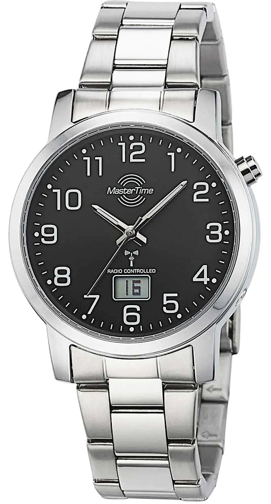Herrenarmbanduhr mit silberfarbenem Metallband und schwarzem Zifferblatt, Analoganzeige