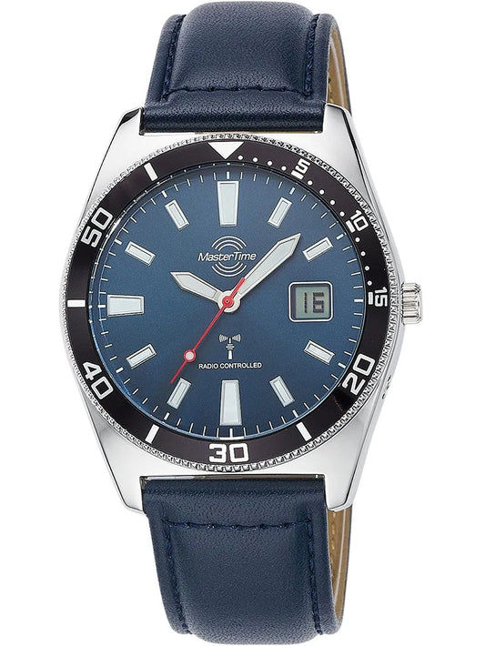Herrenarmbanduhr mit dunkelblauem Zifferblatt, Datumsanzeige und blauem Lederband