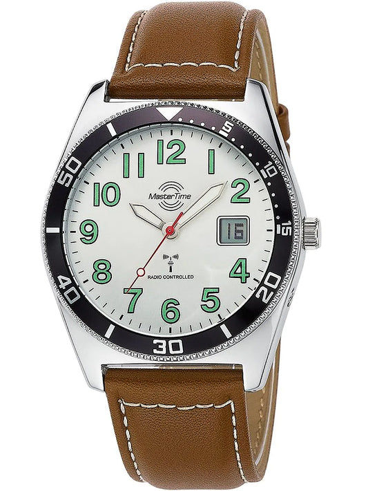 Herrenuhr mit braunem Lederarmband, analogem Zifferblatt mit Datum und grünen Markierungen