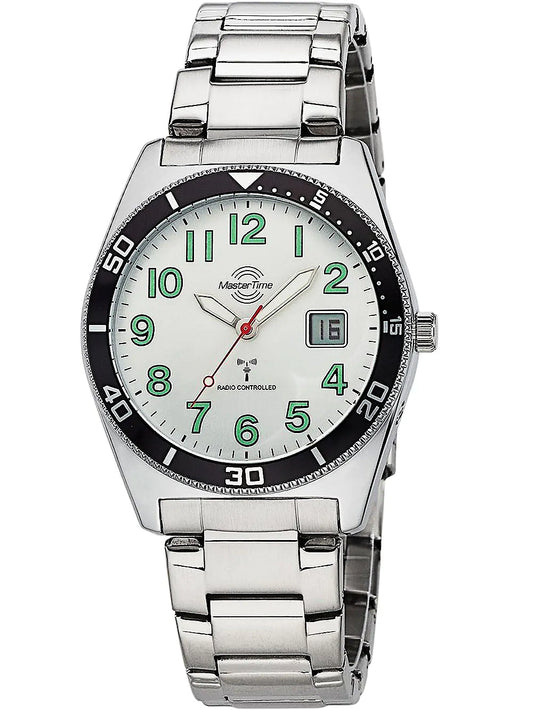 Silberne Herrenarmbanduhr aus Edelstahl mit Rundzifferblatt, Datumfenster und Leuchtindizes