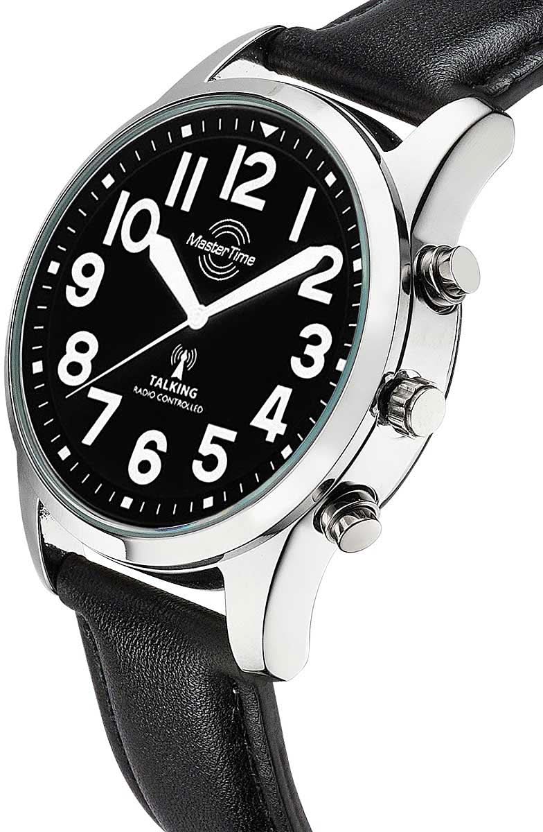 Reloj de pulsera para hombre: esfera negra, caja plateada con pulsadores, correa de cuero negra