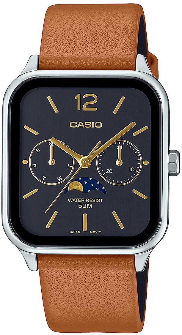 Reloj de hombre con correa de cuero marrón, caja plateada y esfera oscura con agujas doradas.