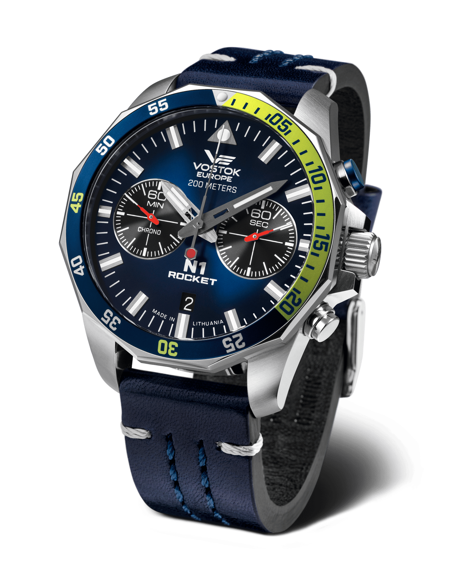 Vostok Europe herrklocka Rocket N1 med blå urtavla och mörkblått läderarmband