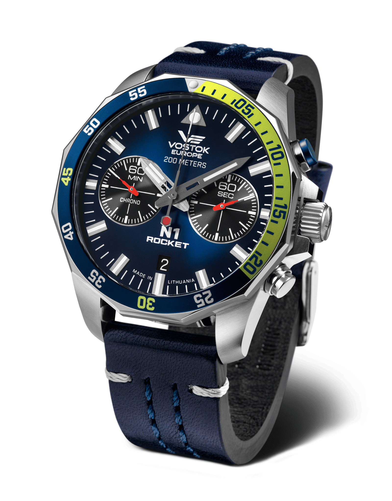 Vostok Europe herrklocka Rocket N1 med blå urtavla och mörkblått läderarmband