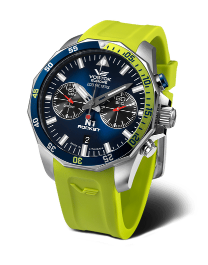 Vostok Europe herrklocka Rocket N1 med blå urtavla och gult silikonarmband