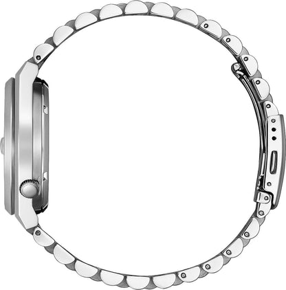 Pulsera de hombre en vista lateral, caja de acero inoxidable con corona y brazalete de eslabones