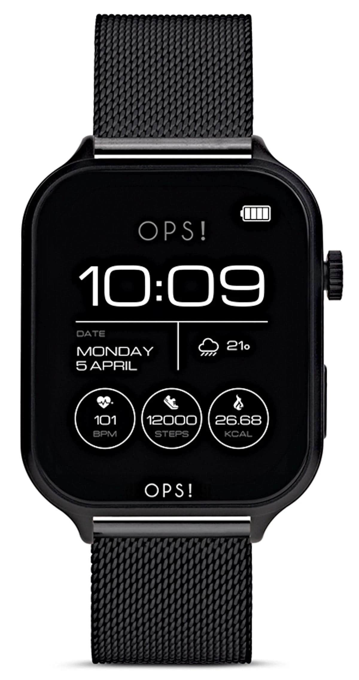 Reloj inteligente unisex con pantalla AMOLED negra y correa de malla gris oscuro