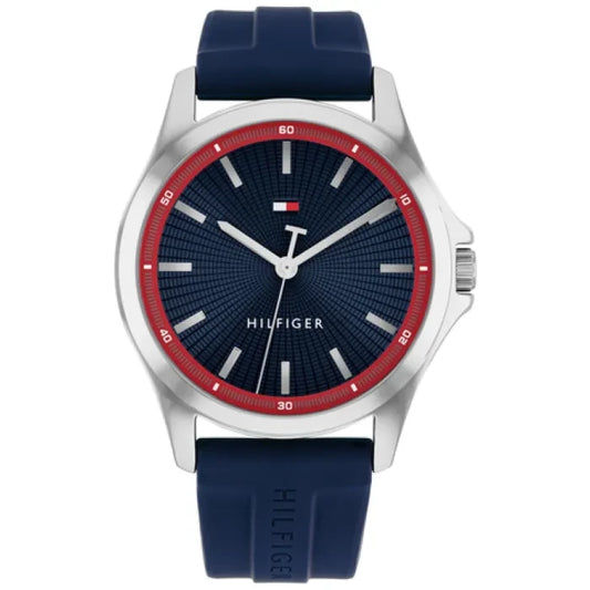 Herrenarmbanduhr mit rundem silbernem Gehäuse, blauem Silikonarmband und dunkelblauem Zifferblatt
