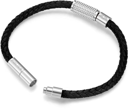 Pulsera de cuero trenzado negra con cierre de anilla plateada y punteras
