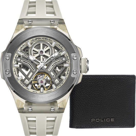 Police Cyclone PEWGR0082201-SET Herrenuhr Grau • Skelett-Automatikwerk • Silikon-Armband
