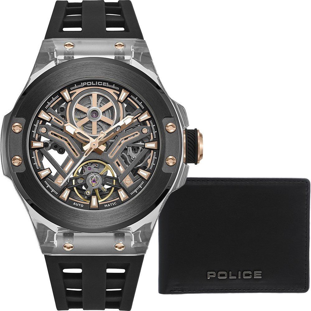 Police Cyclone PEWGR0082202-SET Herrenuhr Grau • Skelett-Automatikwerk • Mineralglas